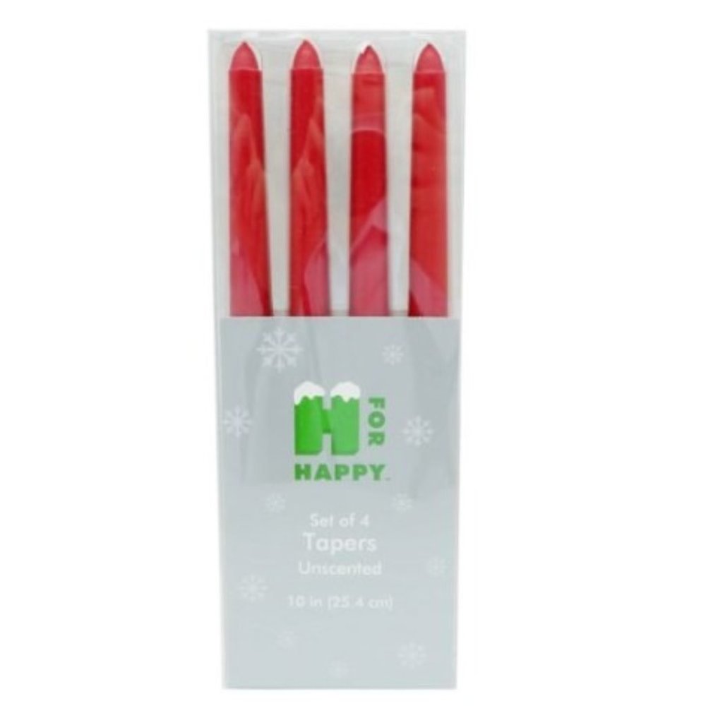 H for Happy Unscented Taper Candles in Red Set of 4 Long Burning Warm Glow